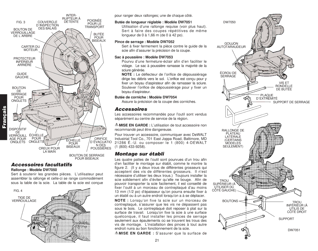 DeWalt Compound Miter Saw manual Accessoires facultatifs, Montage sur établi 