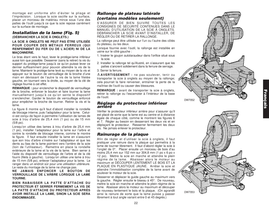 DeWalt Compound Miter Saw manual Installation de la lame Fig, Rallonge de plateau latérale certains modèles seulement 