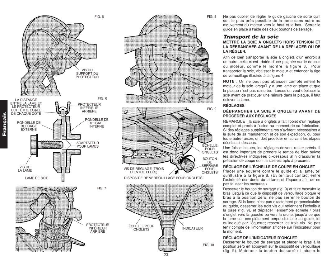 DeWalt Compound Miter Saw manual Transport de la scie, Réglage DE L’INDICATEUR D’ONGLET 