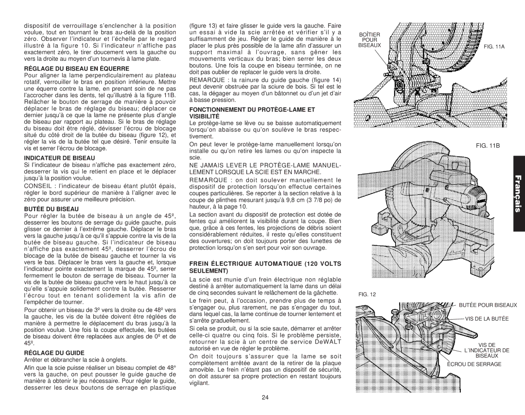 DeWalt Compound Miter Saw manual Réglage DU Biseau EN Équerre, Indicateur DE Biseau, Butée DU Biseau, Réglage DU Guide 