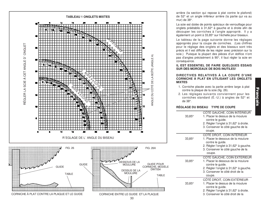 DeWalt Compound Miter Saw manual Tableau 1 Onglets Mixtes, Réglage DU Biseau Type DE Coupe 