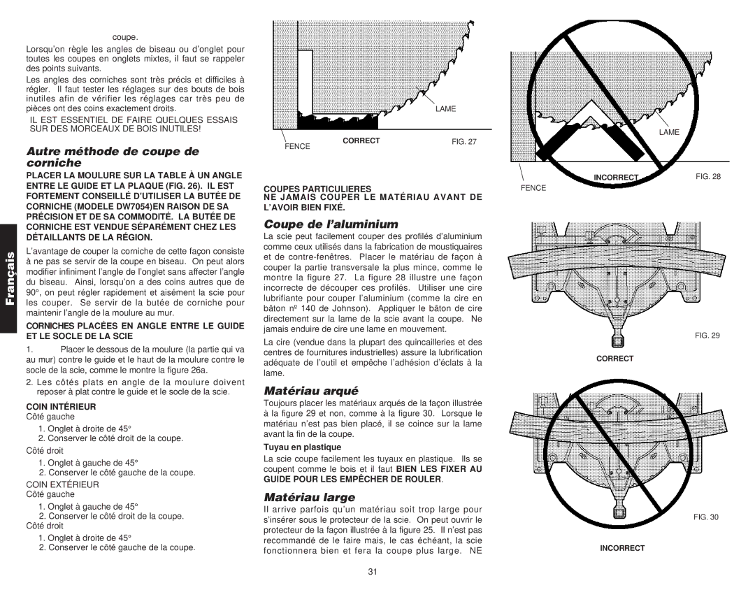 DeWalt Compound Miter Saw manual Autre méthode de coupe de corniche, Coupe de l’aluminium, Matériau arqué, Matériau large 