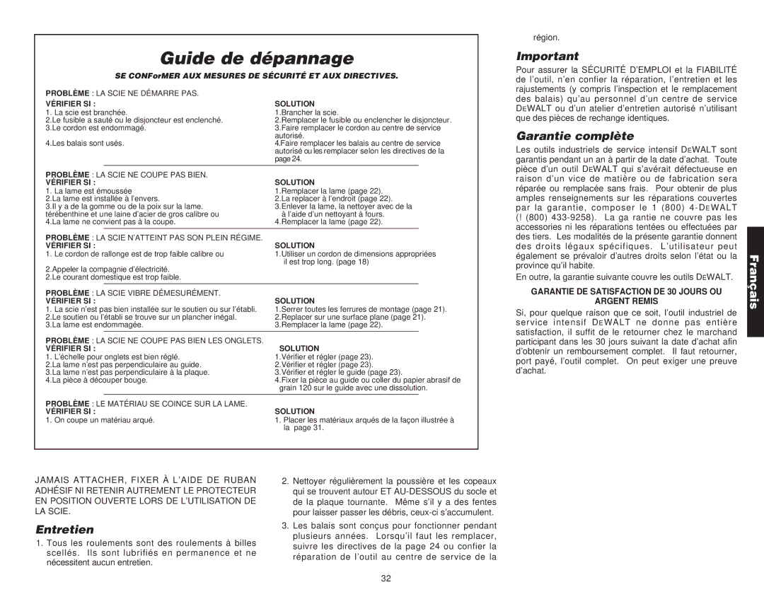 DeWalt Compound Miter Saw manual Garantie complète, Entretien 