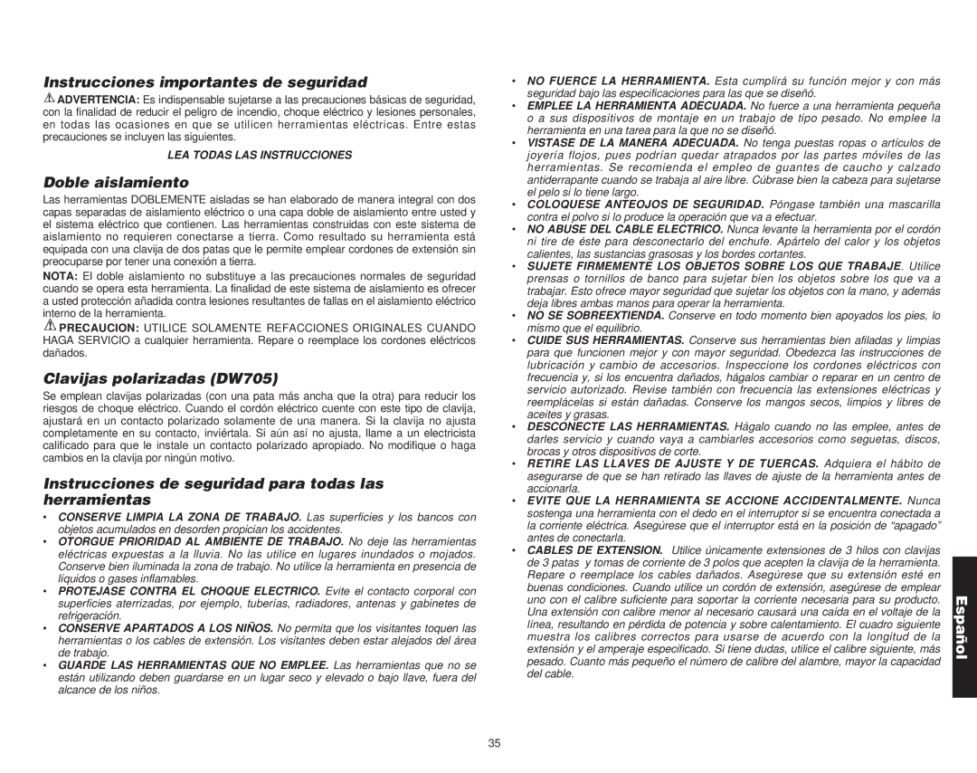 DeWalt Compound Miter Saw manual Instrucciones importantes de seguridad, Doble aislamiento, Clavijas polarizadas DW705 