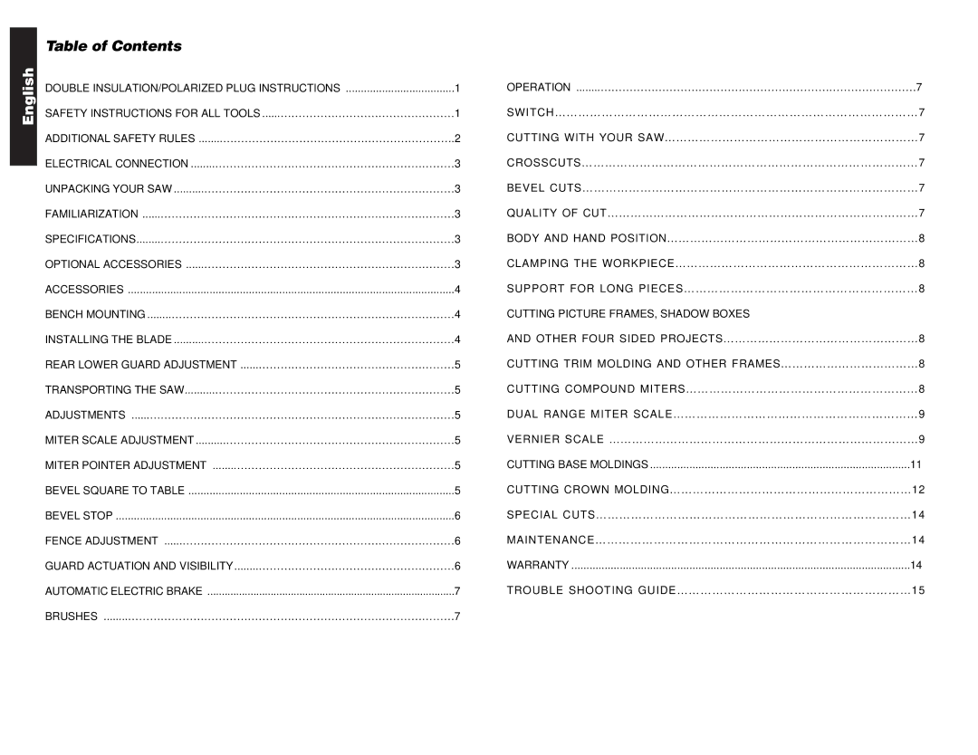 DeWalt Compound Miter Saw manual Table of Contents 