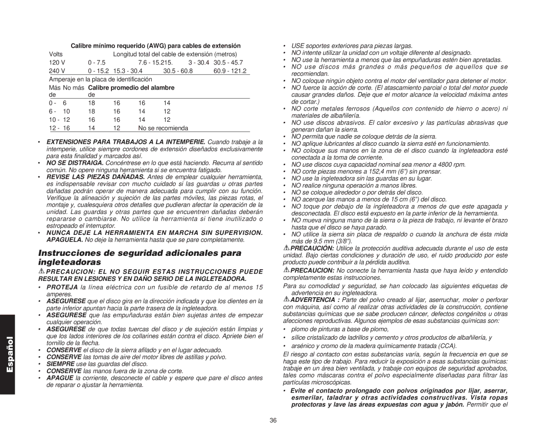 DeWalt Compound Miter Saw manual Instrucciones de seguridad adicionales para ingleteadoras 