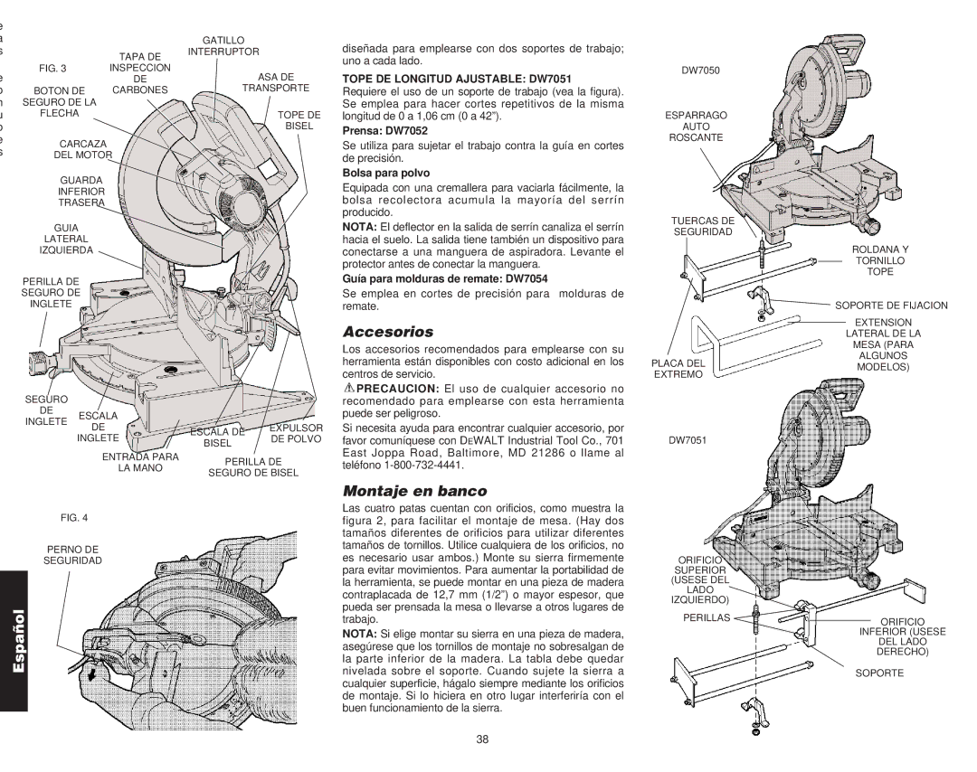 DeWalt Compound Miter Saw manual Accesorios, Montaje en banco, Tope DE Longitud Ajustable DW7051 