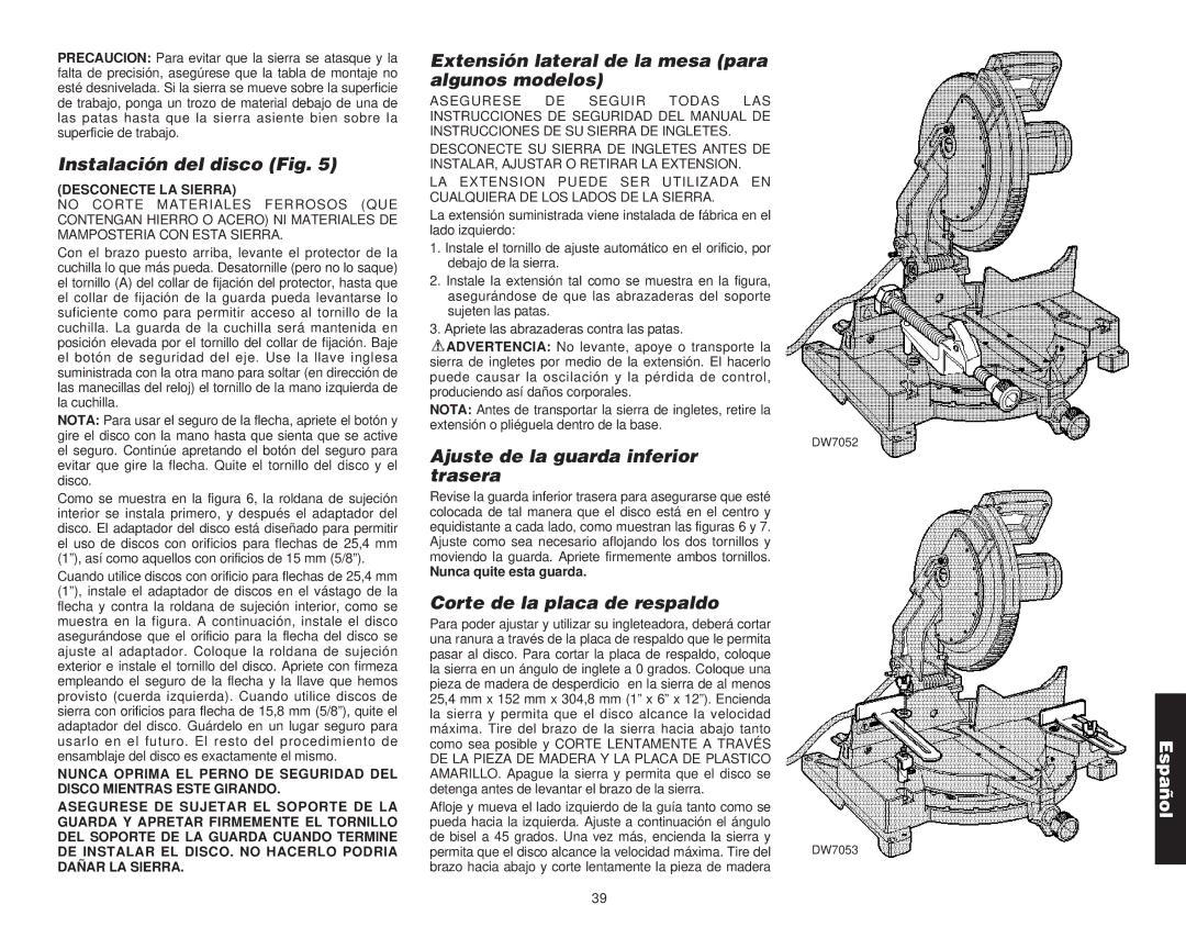 DeWalt Compound Miter Saw manual Instalación del disco Fig, Extensión lateral de la mesa para algunos modelos 