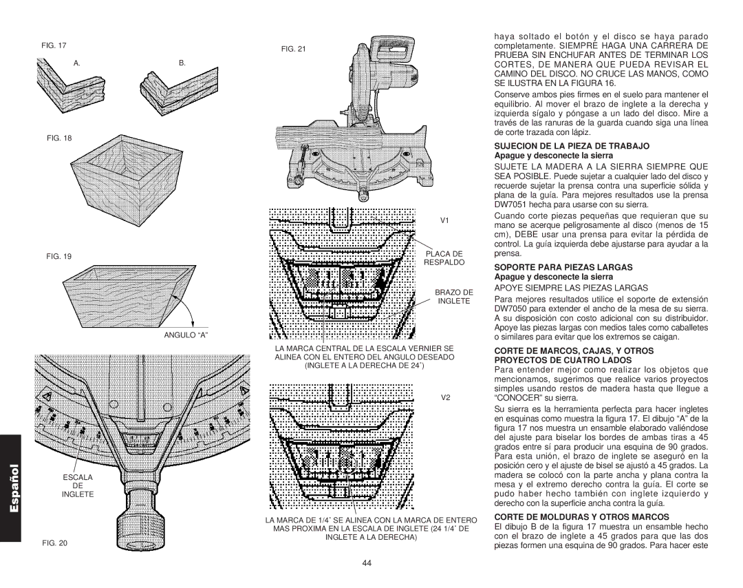 DeWalt Compound Miter Saw manual Sujecion DE LA Pieza DE Trabajo, Apague y desconecte la sierra, Soporte Para Piezas Largas 