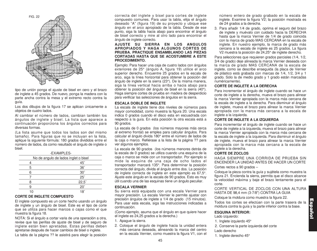 DeWalt Compound Miter Saw manual Corte DE Inglete Compuesto, Escala Doble DE Inglete, Escala Vernier, Corte DE Zoclos 