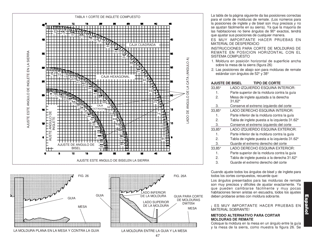 DeWalt Compound Miter Saw manual Ajuste DE Bisel Tipo DE Corte, Metodo Alternativo Para Cortar Molduras DE Remate 