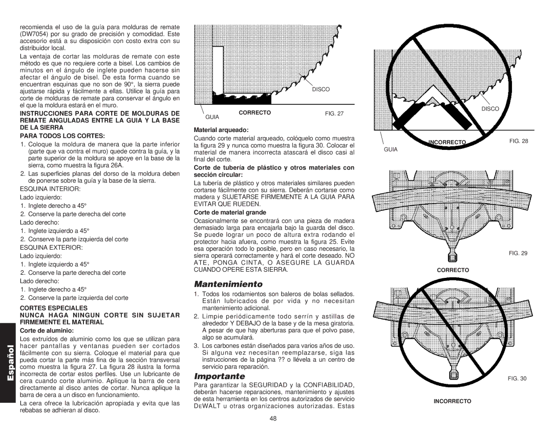 DeWalt Compound Miter Saw manual Mantenimiento, Importante, Corte de aluminio, Material arqueado, Corte de material grande 