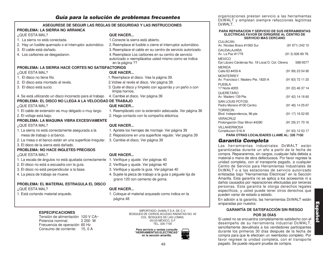 DeWalt Compound Miter Saw manual Guía para la solución de problemas frecuentes, Garantía Completa 