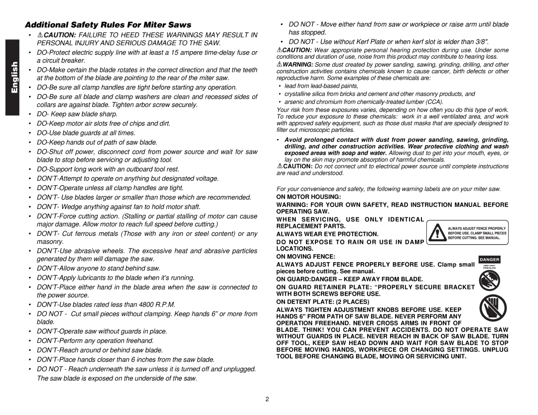 DeWalt Compound Miter Saw manual Additional Safety Rules For Miter Saws 