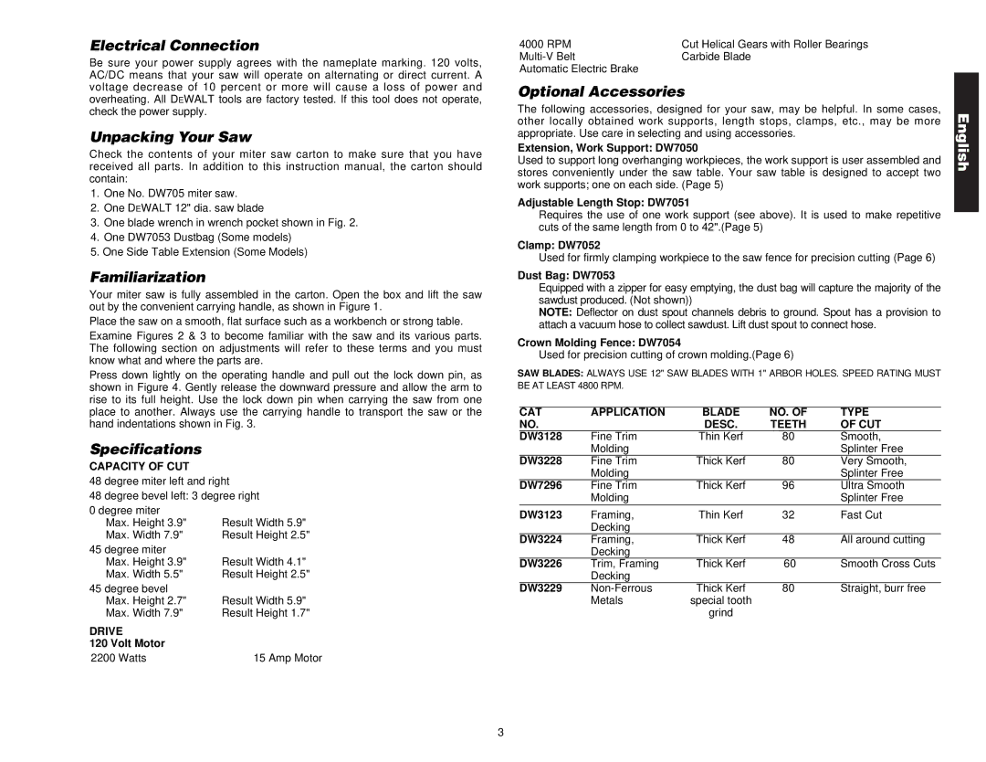 DeWalt Compound Miter Saw Electrical Connection, Unpacking Your Saw, Familiarization, Specifications, Optional Accessories 