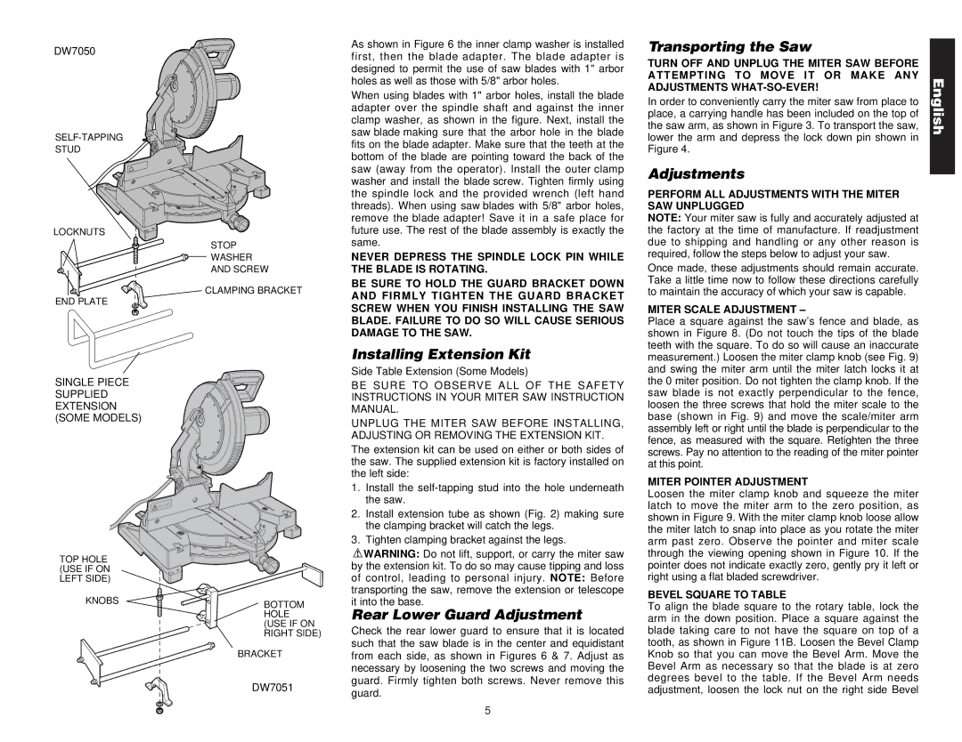 DeWalt Compound Miter Saw manual Installing Extension Kit, Transporting the Saw, Adjustments, Rear Lower Guard Adjustment 