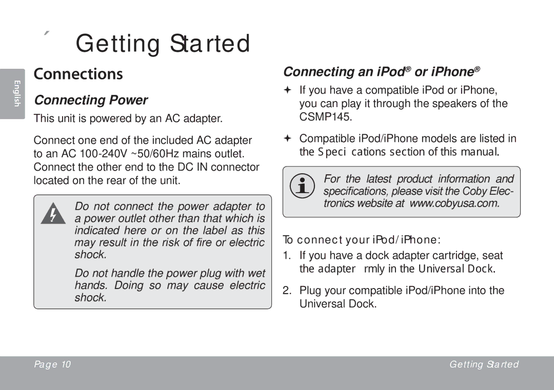 DeWalt CSMP145 instruction manual ÂÂ Getting Started, Connections, Connecting Power, Connecting an iPod or iPhone 