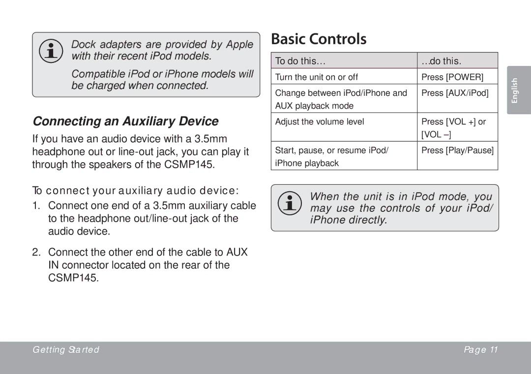 DeWalt CSMP145 instruction manual Basic Controls, Connecting an Auxiliary Device, To connect your auxiliary audio device 