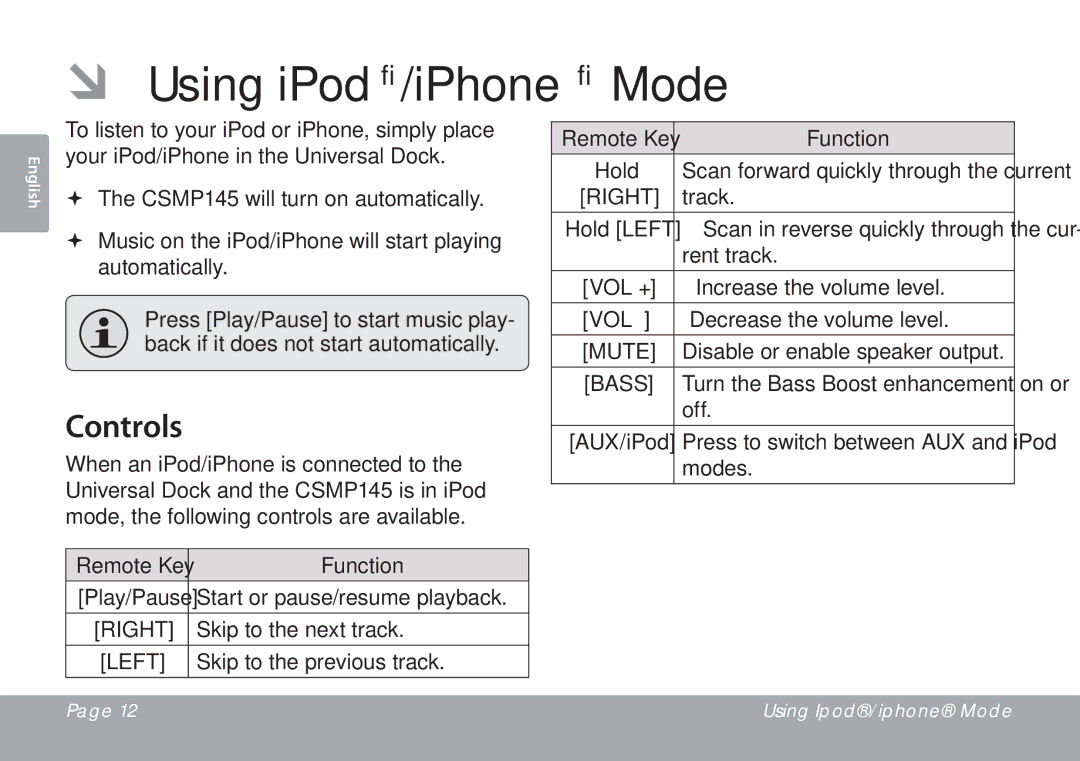 DeWalt CSMP145 instruction manual ÂÂ Using iPod/iPhone Mode, Controls, Remote Key Function 