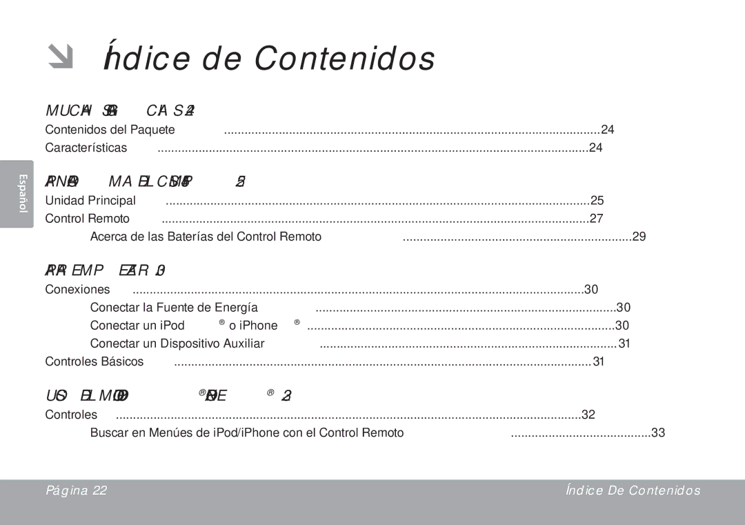 DeWalt ÂÂ Índice de Contenidos, Muchas Gracias, Panorama del CSMP145, Para Empezar, Uso del Modo iPod/iPhone 