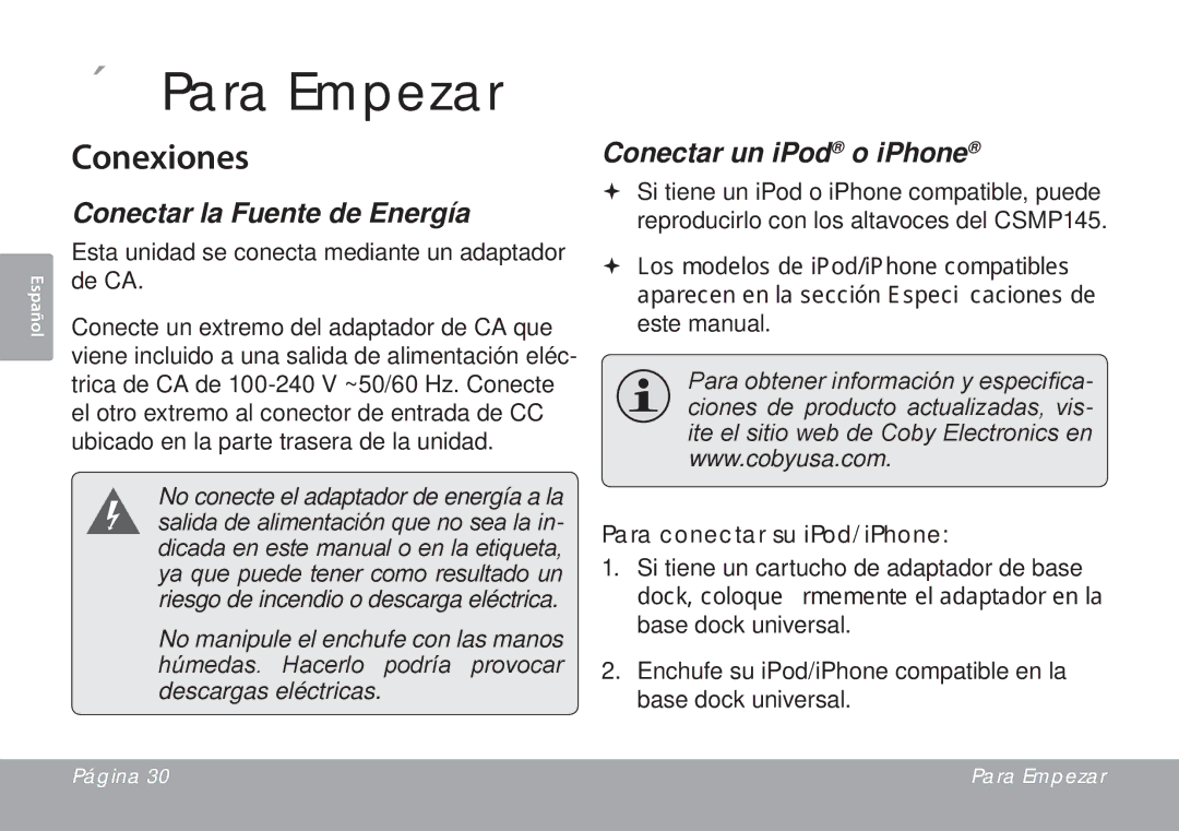 DeWalt CSMP145 instruction manual ÂÂ Para Empezar, Conexiones, Conectar la Fuente de Energía, Conectar un iPod o iPhone 