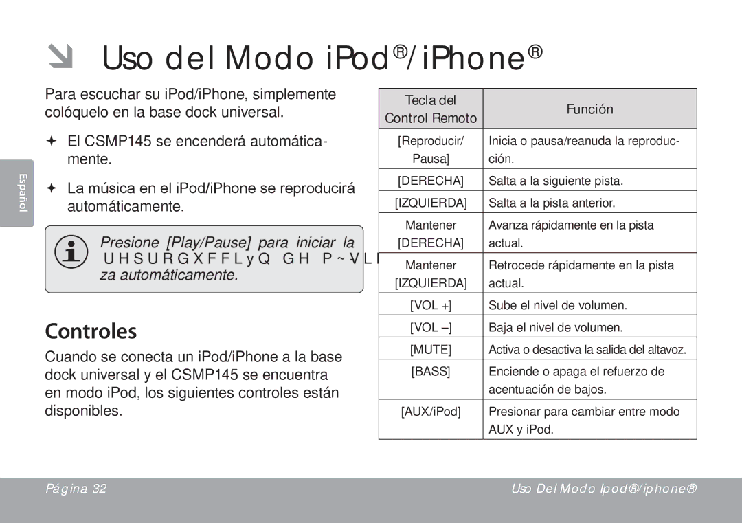 DeWalt CSMP145 instruction manual ÂÂ Uso del Modo iPod/iPhone, Controles, Tecla del Función Control Remoto, Izquierda 