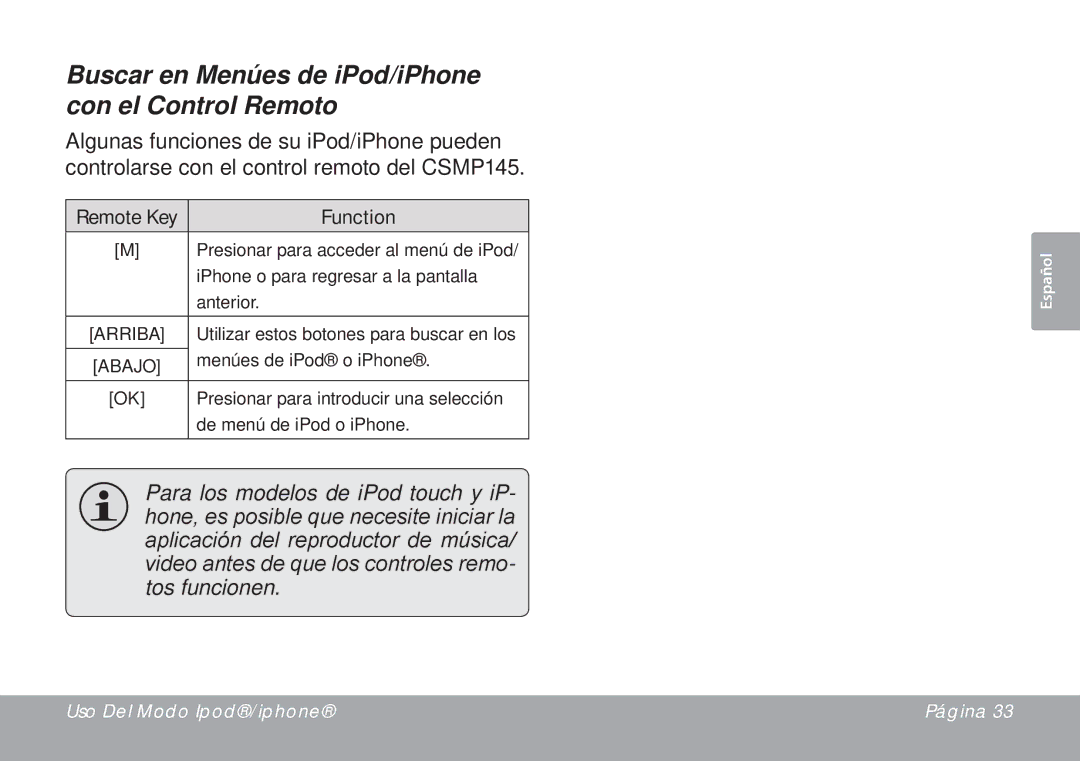 DeWalt CSMP145 instruction manual Buscar en Menúes de iPod/iPhone con el Control Remoto 