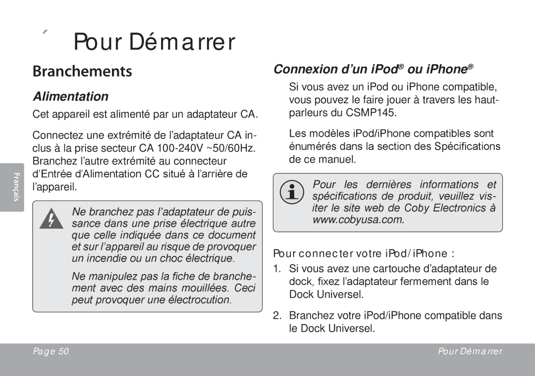 DeWalt CSMP145 instruction manual ÂÂ Pour Démarrer, Branchements, Alimentation, Connexion d’un iPod ou iPhone 