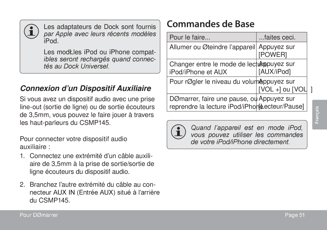 DeWalt CSMP145 Commandes de Base, Connexion d’un Dispositif Auxiliaire, Pour connecter votre dispositif audio auxiliaire 