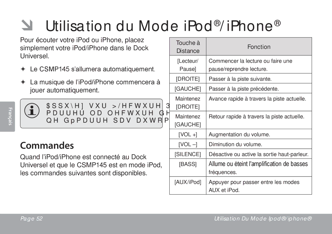 DeWalt CSMP145 instruction manual ÂÂ Utilisation du Mode iPod/iPhone, Commandes, Fonction, Distance 