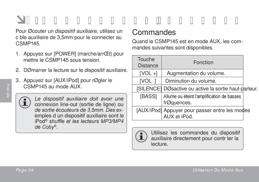 DeWalt CSMP145 instruction manual ÂÂ Utilisation du Mode AUX, Silence 