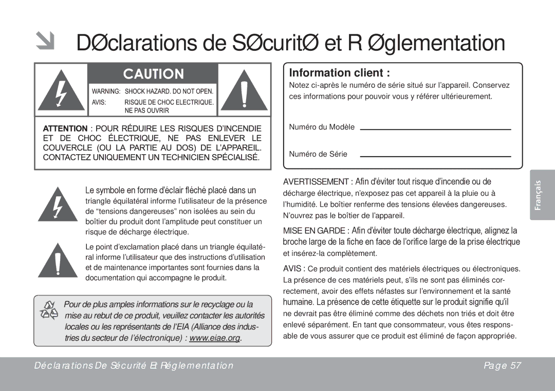 DeWalt CSMP145 instruction manual ÂÂ Déclarations de Sécurité et Réglementation, Information client 