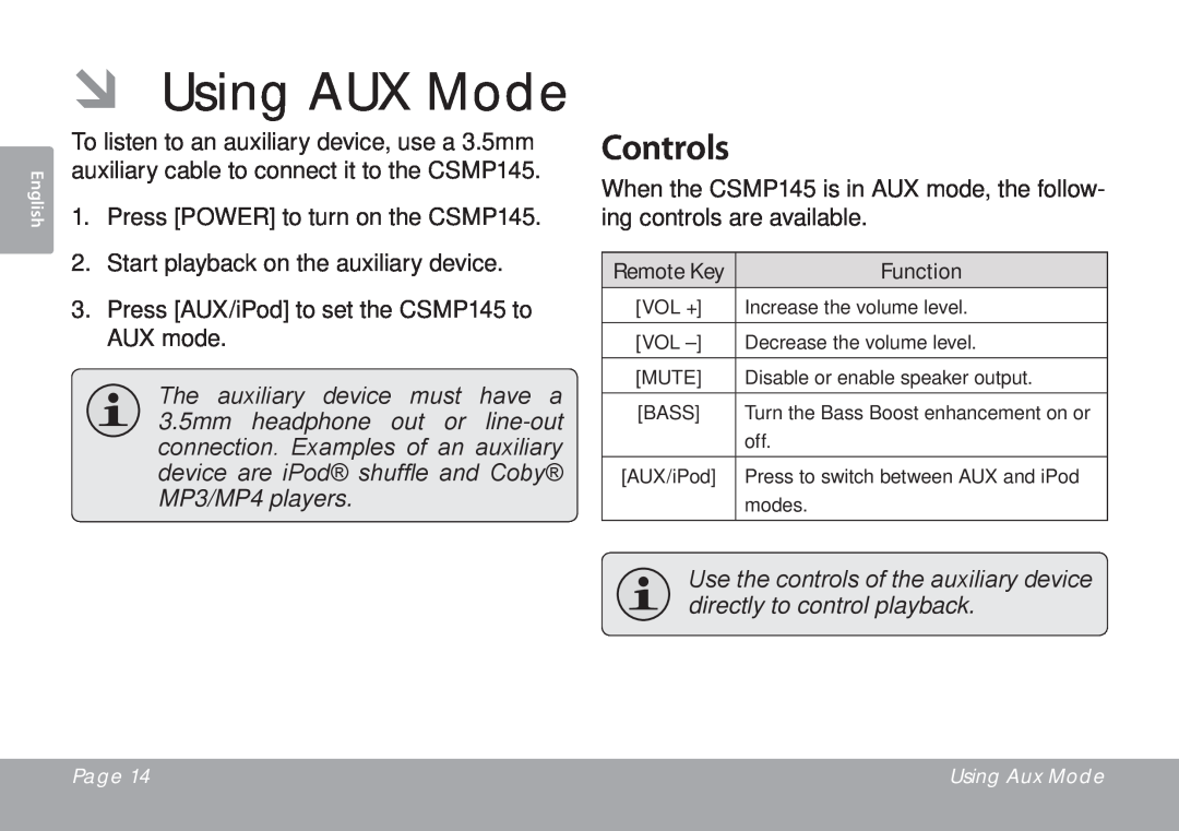 DeWalt CSMP145 instruction manual ÂÂ Using AUX Mode, Controls 