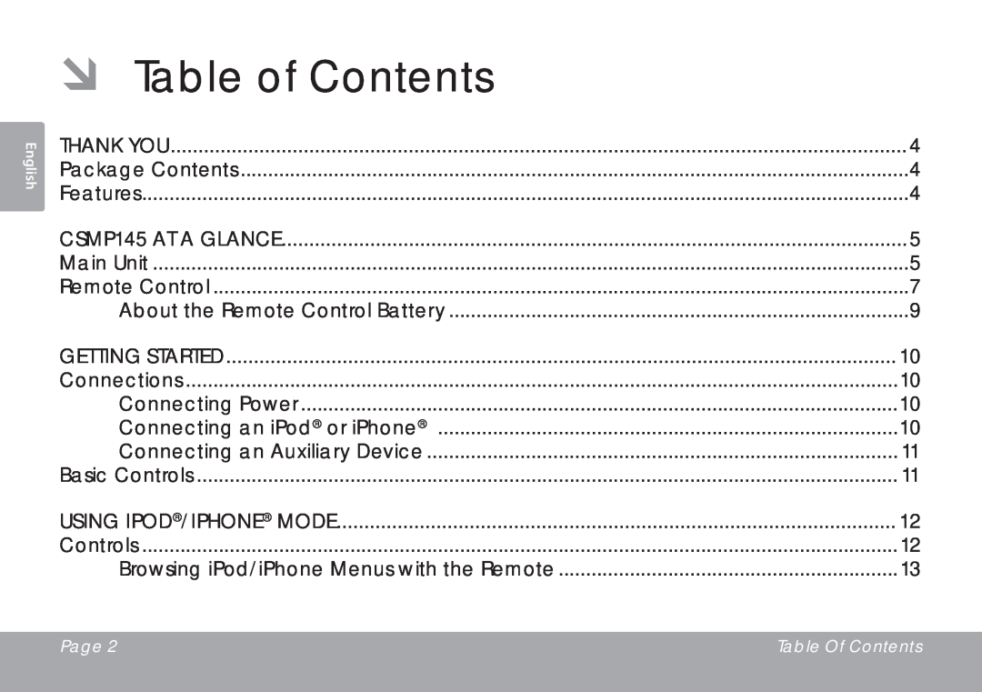 DeWalt instruction manual ÂÂ Table of Contents, Thank You, CSMP145 at a Glance, Getting Started, Using iPod/iPhone Mode 