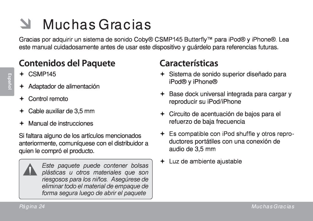 DeWalt CSMP145 instruction manual ÂÂ Muchas Gracias, Contenidos del Paquete, Características 