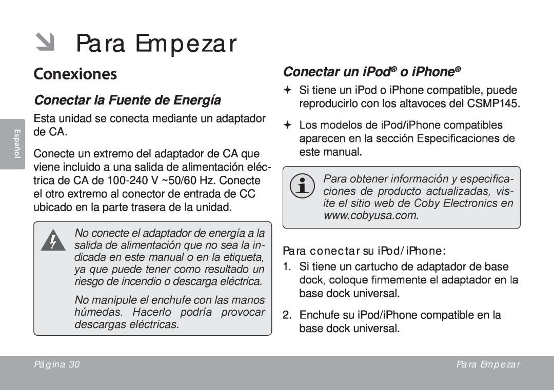 DeWalt CSMP145 instruction manual ÂÂ Para Empezar, Conexiones, Conectar la Fuente de Energía, Conectar un iPod o iPhone 