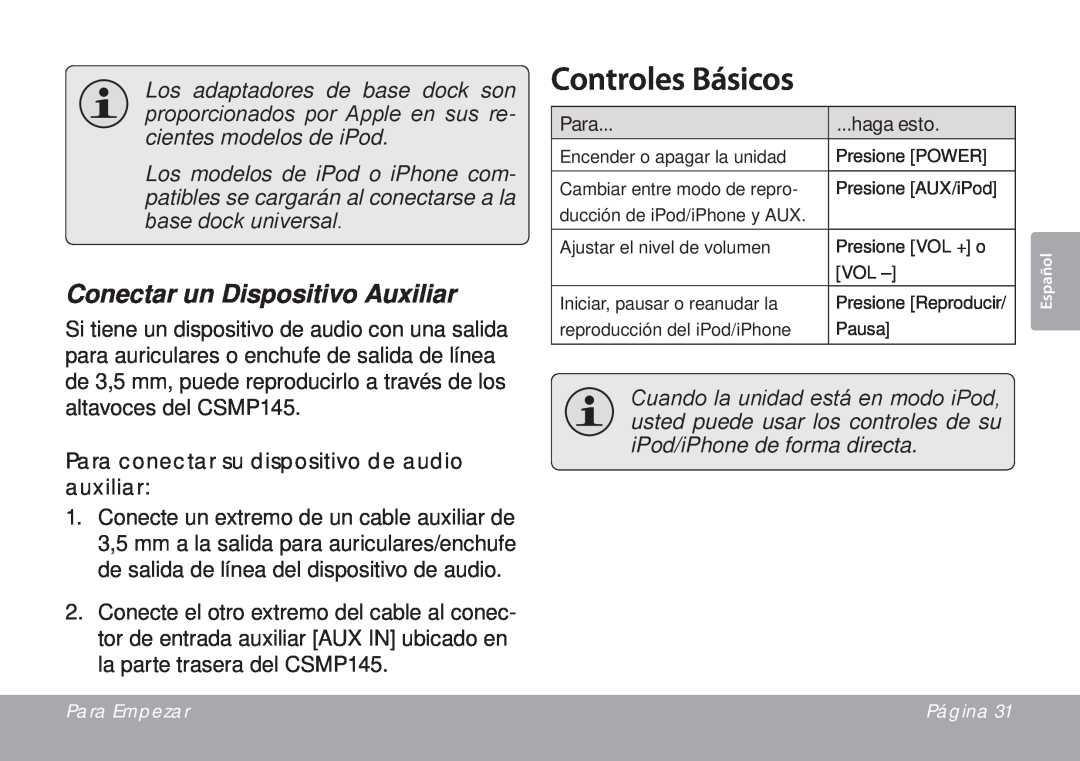 DeWalt CSMP145 instruction manual Controles Básicos, Conectar un Dispositivo Auxiliar 