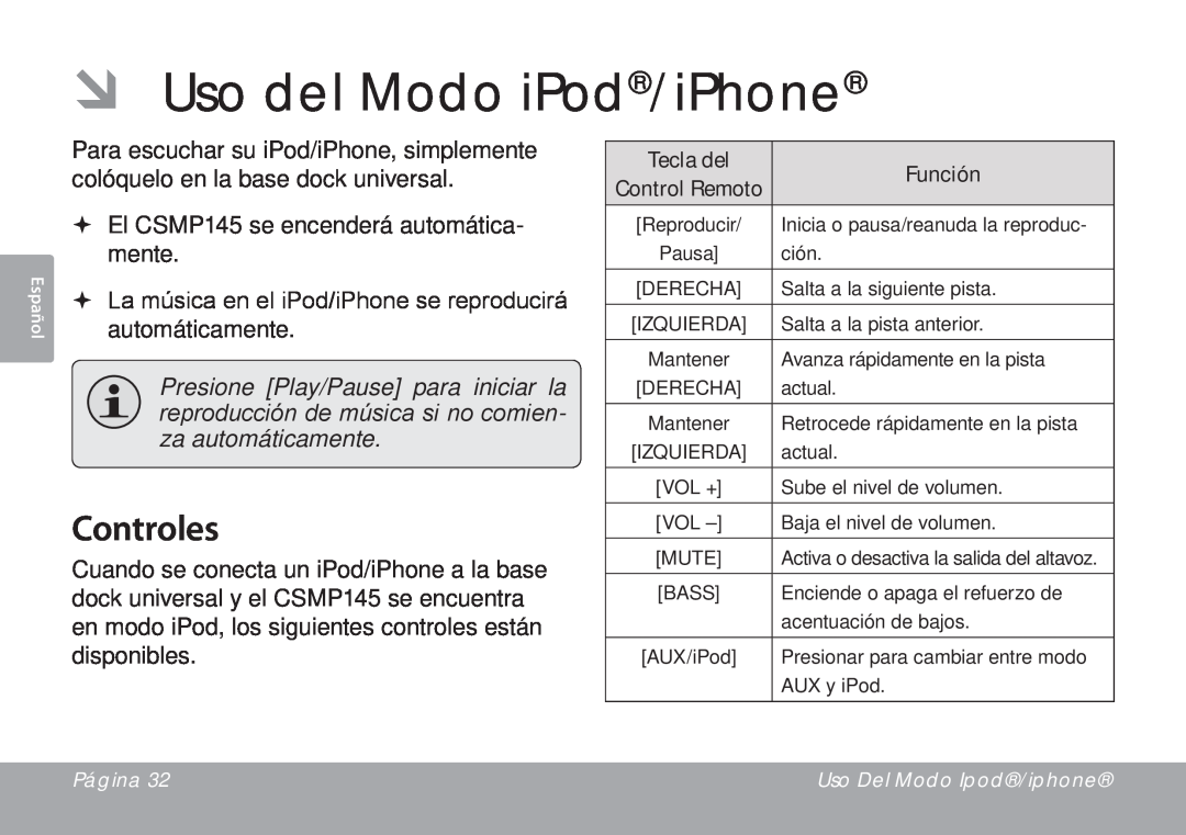 DeWalt CSMP145 instruction manual ÂÂ Uso del Modo iPod/iPhone, Controles 