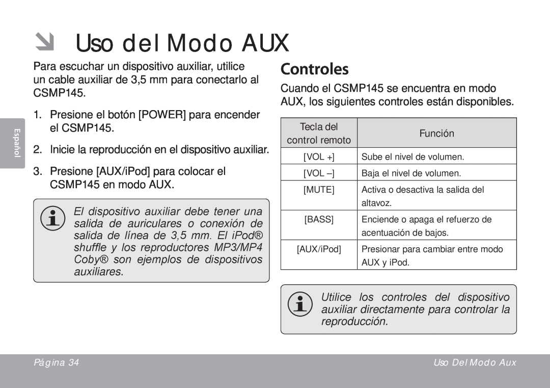DeWalt CSMP145 instruction manual ÂÂ Uso del Modo AUX, Controles, Función, control remoto 