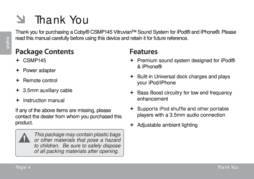 DeWalt CSMP145 instruction manual Package Contents, Features 