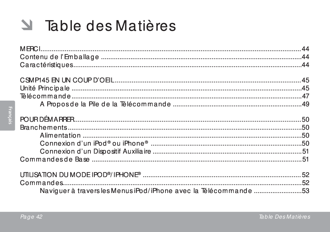DeWalt ÂÂ Table des Matières, Merci, CSMP145 en un Coup d’Oeil, Pour Démarrer, Utilisation du Mode iPod/iPhone 