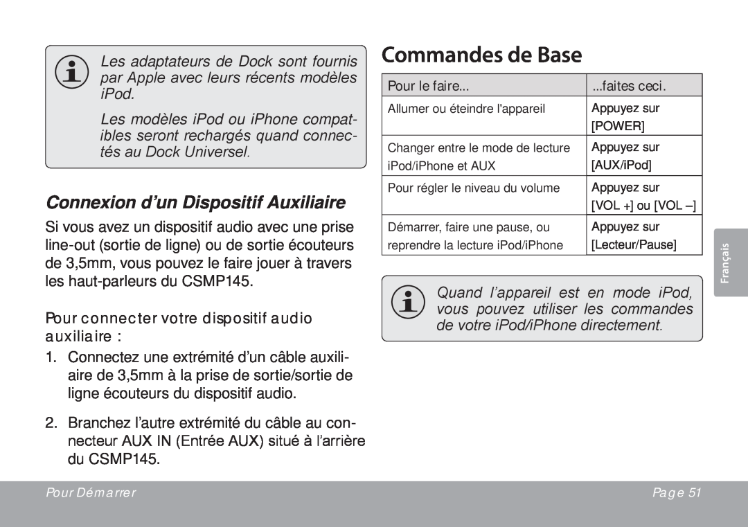DeWalt CSMP145 instruction manual Commandes de Base, Connexion d’un Dispositif Auxiliaire 