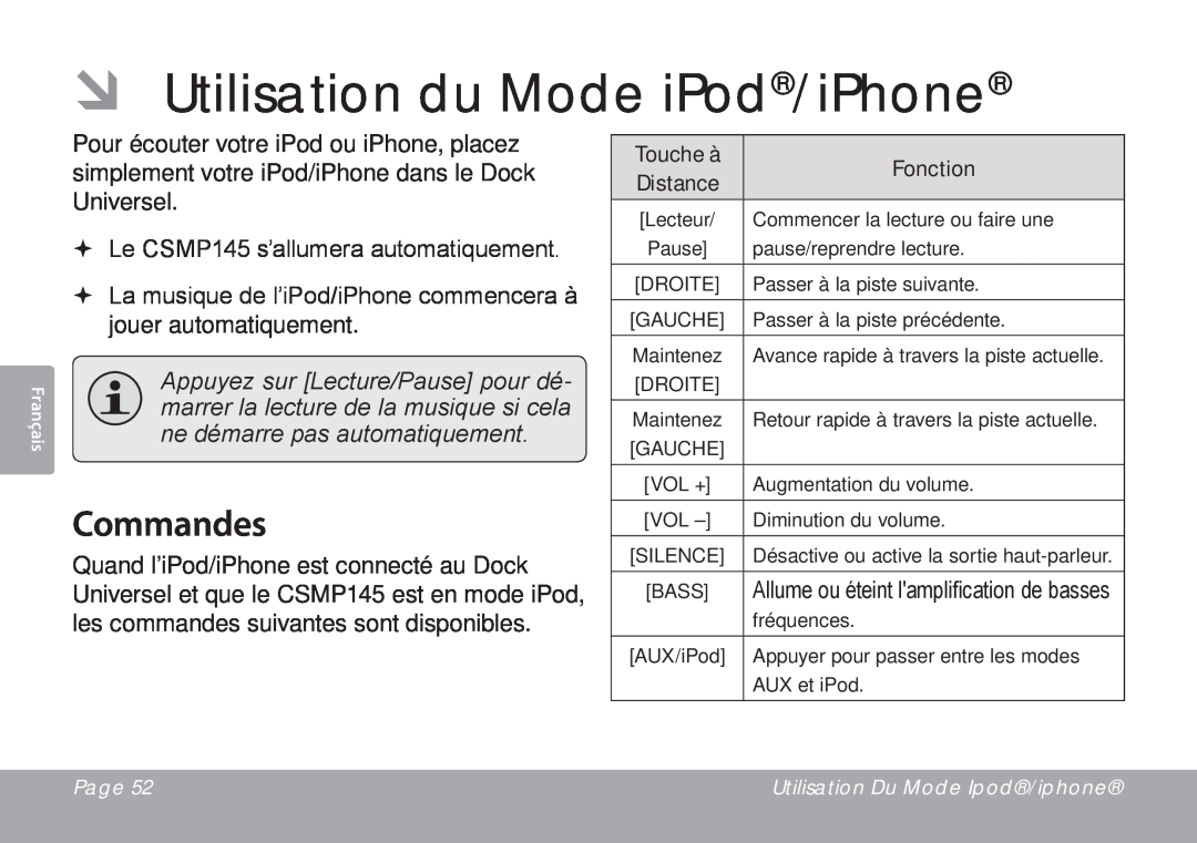 DeWalt CSMP145 instruction manual ÂÂ Utilisation du Mode iPod/iPhone, Commandes 