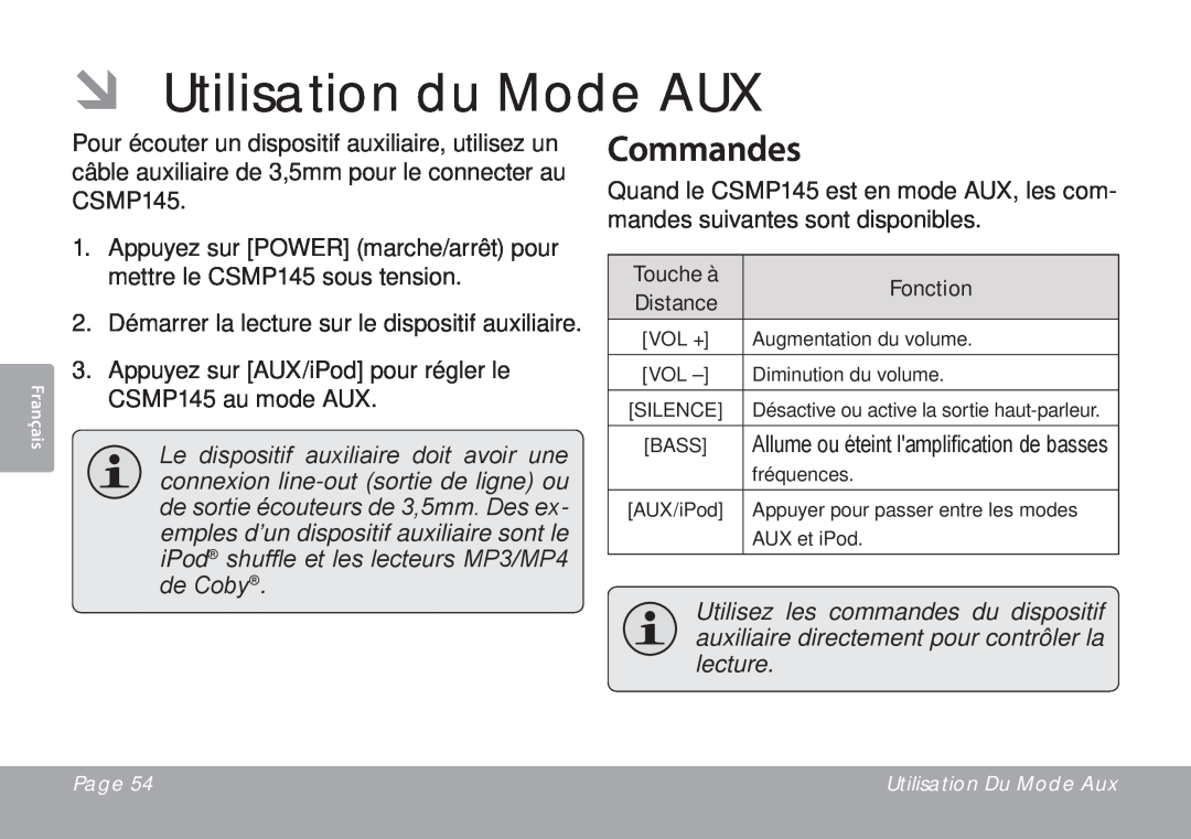 DeWalt CSMP145 instruction manual ÂÂ Utilisation du Mode AUX, Commandes 