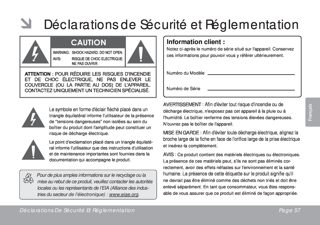 DeWalt CSMP145 instruction manual ÂÂ Déclarations de Sécurité et Réglementation, Information client, Page 