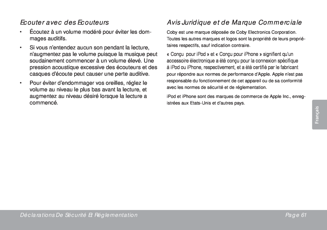 DeWalt CSMP145 instruction manual Ecouter avec des Ecouteurs, Avis Juridique et de Marque Commerciale, Page, Français 