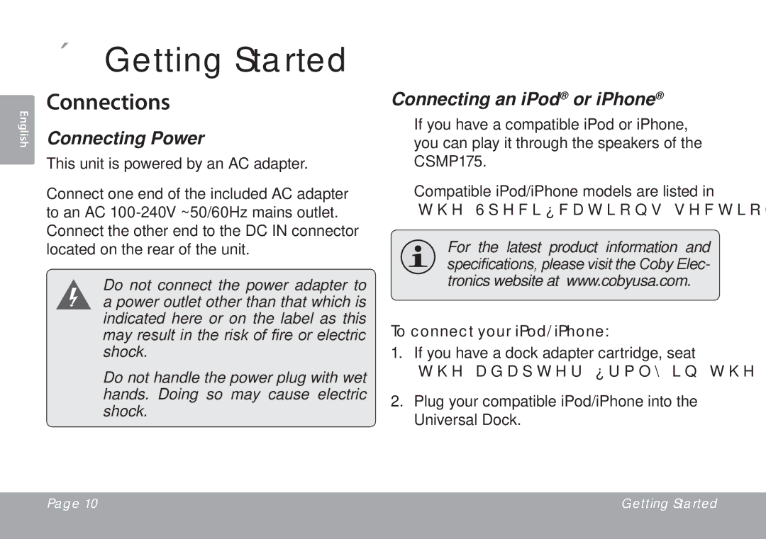 DeWalt CSMP175 instruction manual ÂÂ Getting Started, Connections, Connecting Power, Connecting an iPod or iPhone 