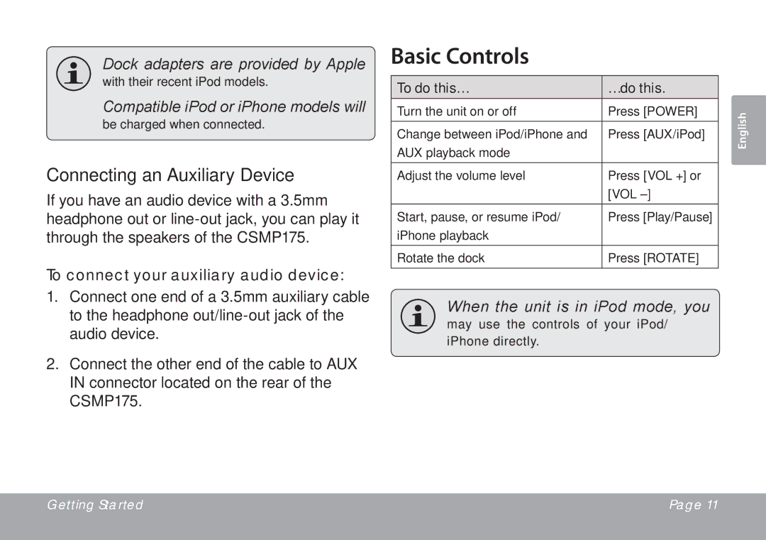 DeWalt CSMP175 instruction manual Basic Controls, Connecting an Auxiliary Device, To connect your auxiliary audio device 