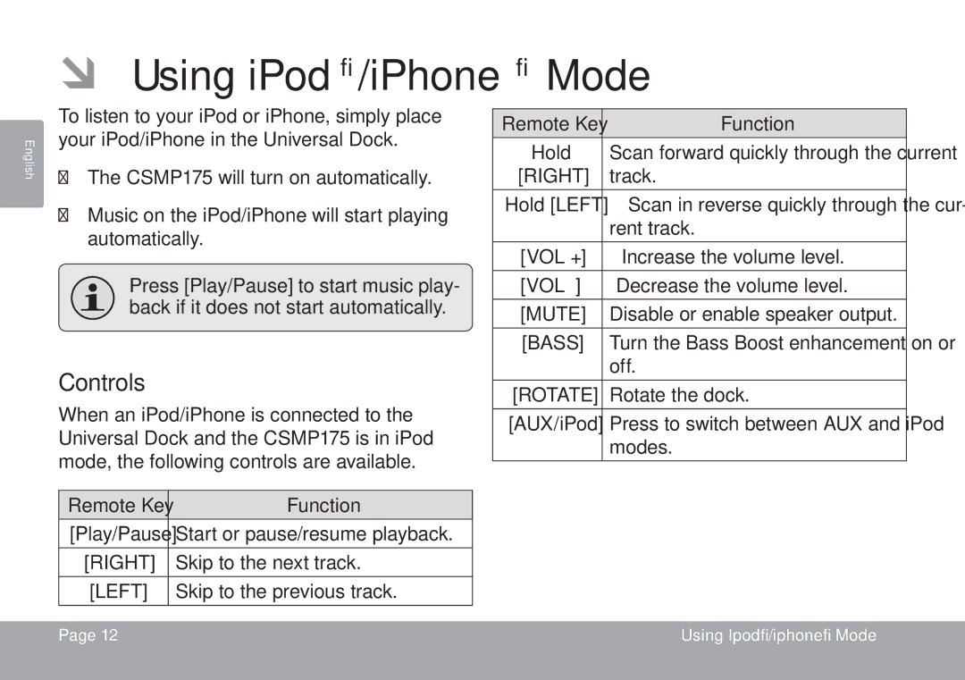 DeWalt CSMP175 instruction manual ÂÂ Using iPod/iPhone Mode, Controls, Remote Key Function 