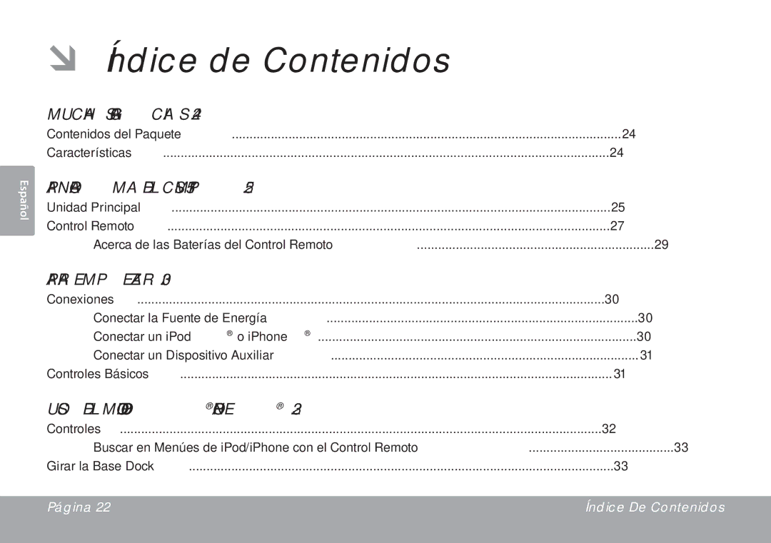 DeWalt ÂÂ Índice de Contenidos, Muchas Gracias, Panorama del CSMP175, Para Empezar, Uso del Modo iPod/iPhone 